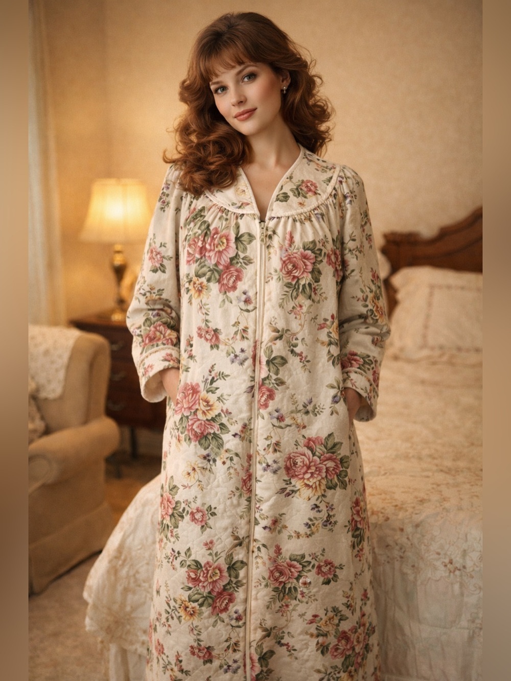 Vintage Leisure Life Floral Quilted Housecoat Robe 70s Half Zip Cottagecore